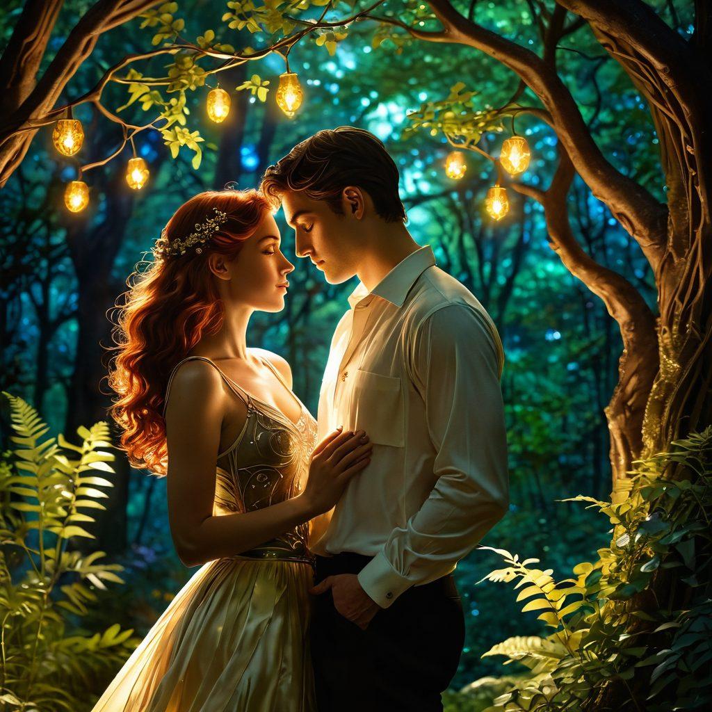 A romantic scene depicting a couple exploring a lush, enchanting forest, intertwined amidst glowing fireflies and soft, dappled sunlight filtering through the trees. The couple shares a tender gaze, with ethereal elements like heart-shaped leaves and swirling petals surrounding them. Emphasize warmth and intimacy, inviting a feeling of sensuality and connection. art nouveau. vibrant colors. soft lighting.