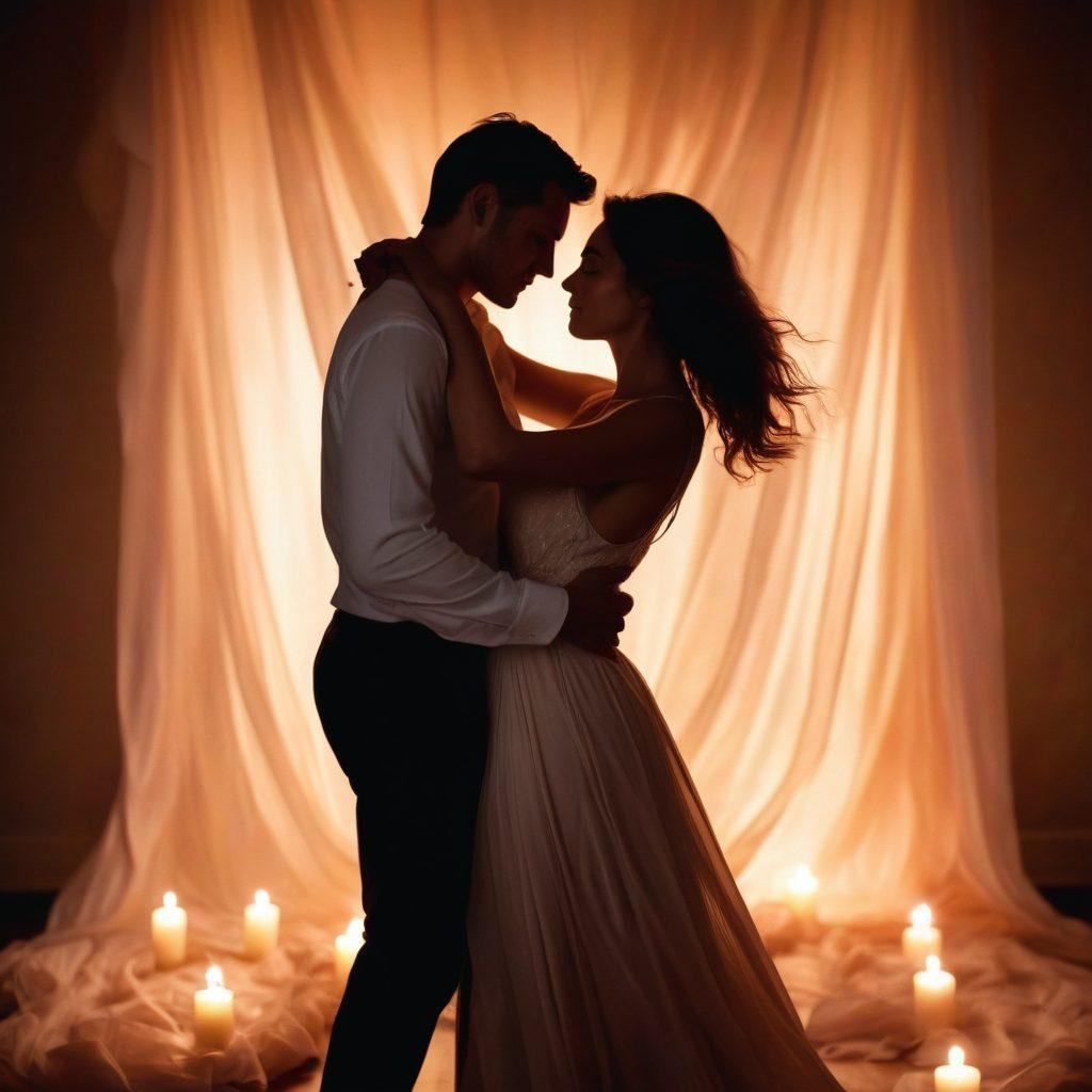 A passionate couple dancing closely under soft, dim lighting, surrounded by flowing fabric that symbolizes connection and intimacy. Their expressions reflect deep emotional connection, with hinting silhouettes of a romantic setting like candles and roses in the background. The atmosphere is warm and inviting, evoking feelings of love and desire. soft focus. vibrant colors. intimate ambiance.